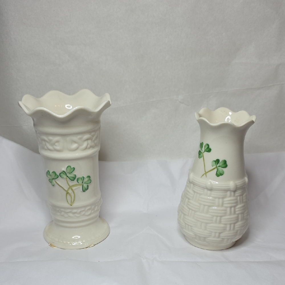 Belleek Cream Vases with Green Shamrock Design